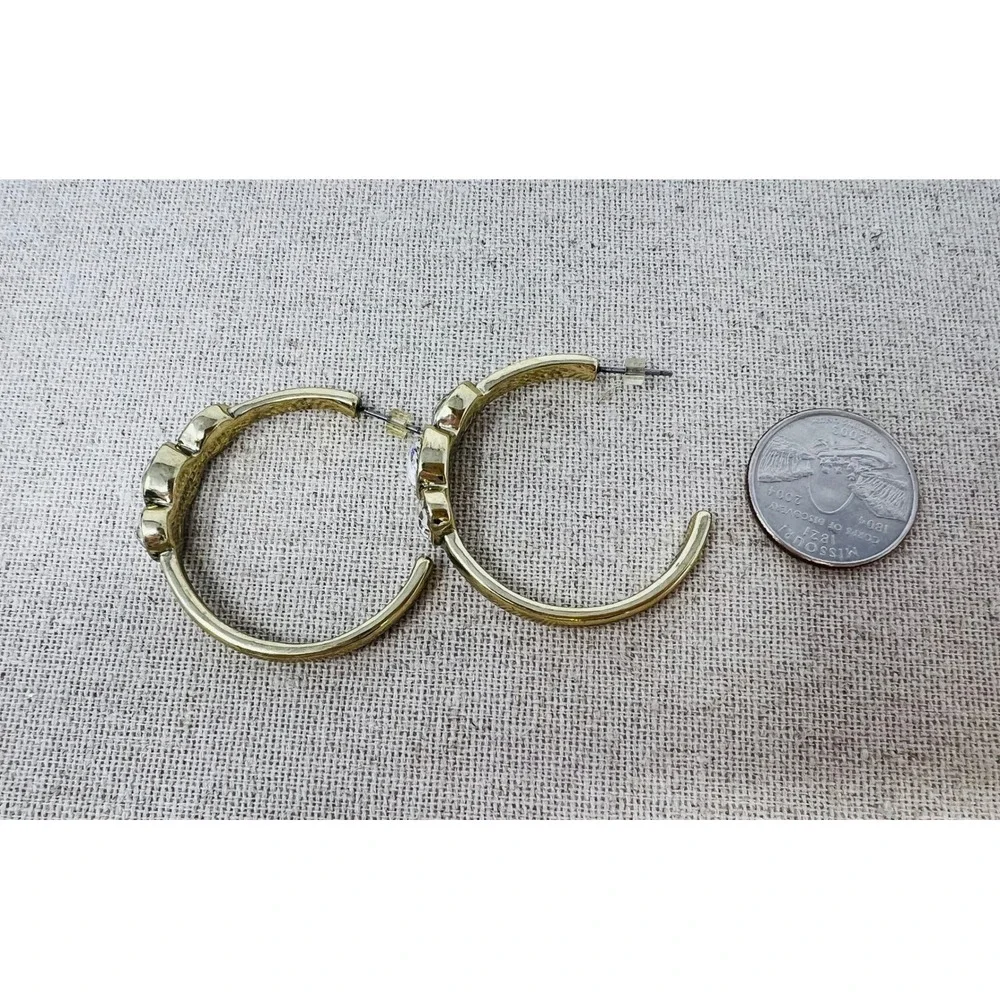 Heidi Daus Gold Tone Clear Crystal Triple Stone Hoop Earrings Pierced C-Hoops
